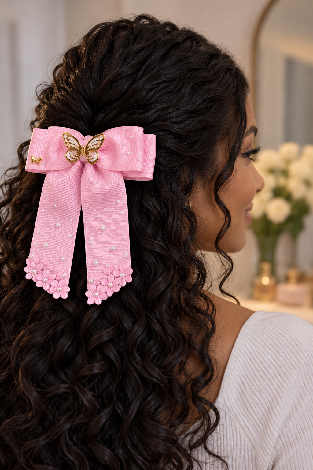 Laço rosa para cabelo com borboleta dourada, flores e pequenas pérolas