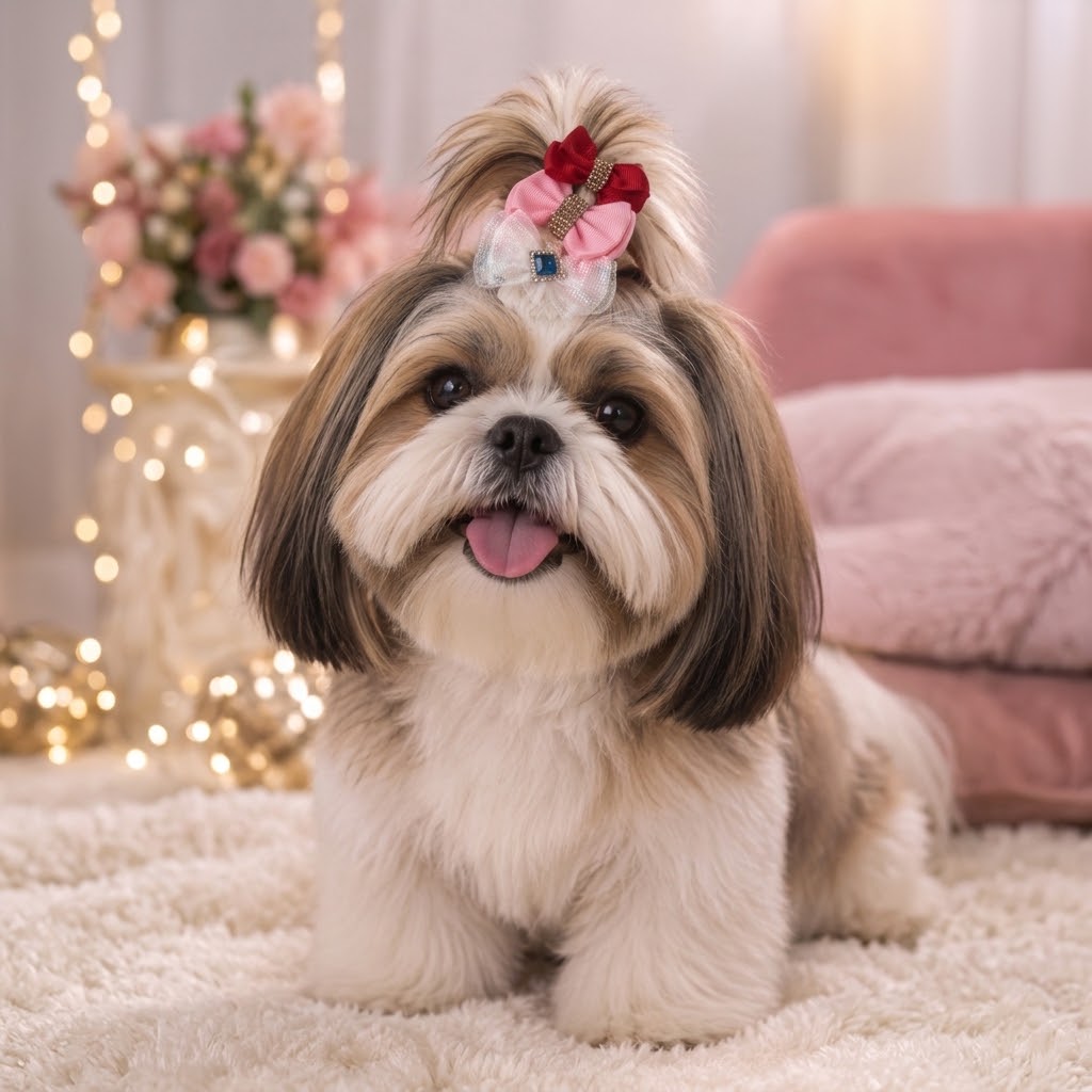 Cachorrinho com lacinhos vermelho, rosa e branco com detalhes brilhantes